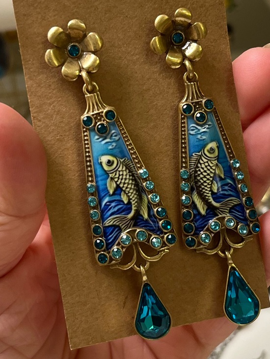 Jewelry - Blue Koi Fish Drop Earrings with Teardrop Crystal